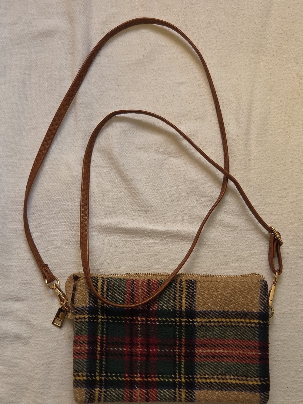 Jen & Co Plaid Crossbody Bag Multicolor Zip Detachable Strap Gold Inner Pockets